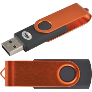 An orange and black swivel USB flash drive with a metal clip and logo on the side.