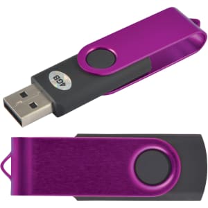 A purple swivel USB flash drive with a black clip and button, featuring a logo.