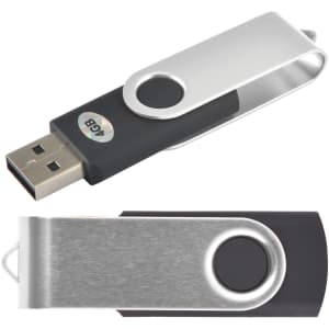 A swivel USB flash drive featuring a black and silver design with a metallic clip and a circular button.