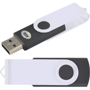 A swivel USB flash drive in black and white, featuring a logo and a retractable design for easy storage.
