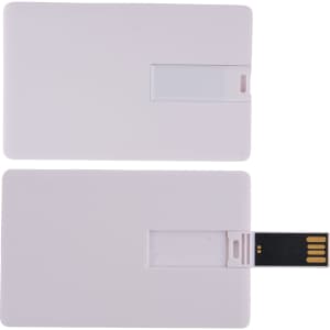 A white credit card-sized flash drive with a retractable USB connector. It features a simple design with a logo on it.