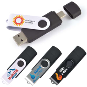 A collection of swivel USB flash drives in black and white, featuring various designs and logos.