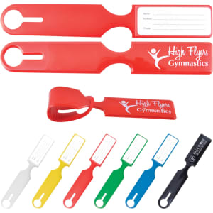 A set of colourful luggage tags in red, white, blue, green, and black, featuring a logo and space for personal information.