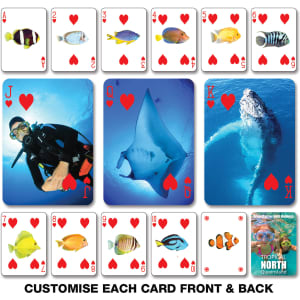 Playing cards featuring marine life images in vibrant colours, with a diver and an illustration of a stingray.