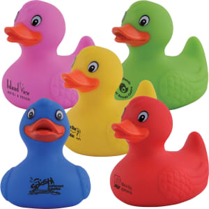A collection of five rubber bath ducks in pink, yellow, green, blue, and red, featuring various logos.
