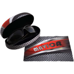 A hard sunglasses case in red and black, with dark sunglasses inside and a matching lens cloth. Features branding.