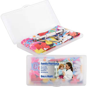 A cleaning cloth kit with a colourful design, a microfiber lens cloth, and a clear plastic case. It features a branding logo.