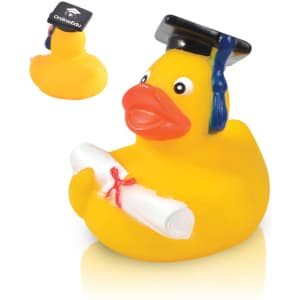 A yellow rubber duck wearing a graduation cap and holding a scroll. It features a logo on the back.