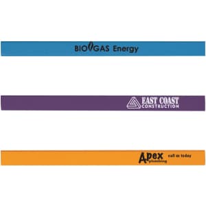 Three carpenters' pencils in blue, purple, and orange, featuring various logos and branding.