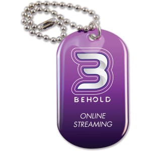 A purple dog tag keychain with a silver ball chain, featuring a logo and text related to online streaming.