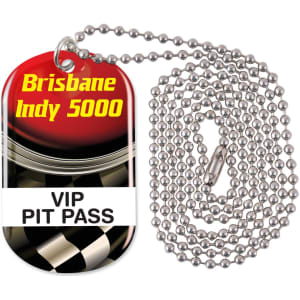 A silver dog tag neck chain with a vibrant red and black design featuring a VIP pass for the Brisbane Indy 5000 event.