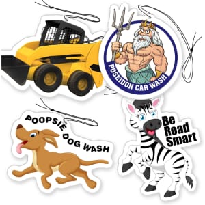 A collection of colourful car deodorisers featuring a bulldozer, a cartoon character, a dog, and a zebra.