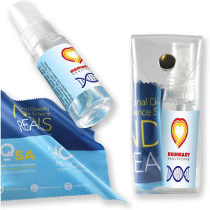 A screen cleaning kit featuring a spray bottle and a blue cleaning cloth, both in a clear case, with branding on the bottle.