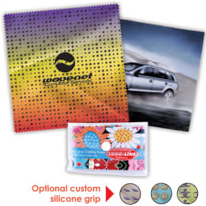 A promotional microfibre lens cloth in vibrant gradient colours, featuring a logo and optional silicone grip.