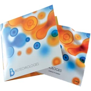 A microfibre lens cloth in a card holder, featuring a vibrant abstract design with orange, blue, and white colours.