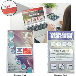 A microfibre webcam blocker in packaging, featuring a colourful design with a logo, placed near a laptop.