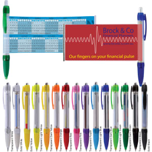 A variety of plastic pens in multiple colours, including green, purple, red, and yellow, with a logo present.