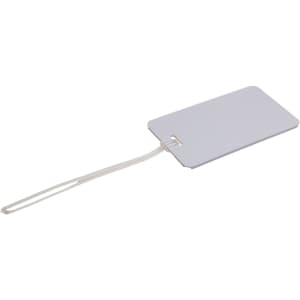 A white luggage tag with a clear attachment loop, featuring a simple rectangular shape.