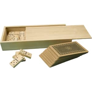 A bamboo box containing a set of dominoes and a deck of cards.