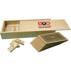A wooden game box containing a set of dominoes and playing cards, branded with "The Ultimate Game Room."