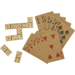 A set of playing cards and dominoes in brown, featuring spade and heart designs. The dominoes are also wooden.