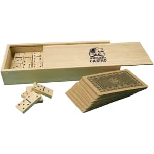 A bamboo box containing a set of wooden dominoes and a deck of cards, featuring a logo on the box.