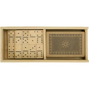 A bamboo box containing a set of dominoes and a decorated playing card deck. The items are natural wood and dark brown.