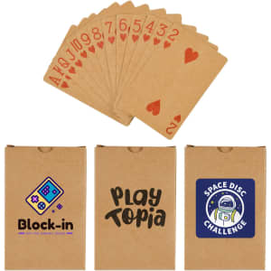 Recycled playing cards in shades of red and brown, with a branded card box featuring various logos.