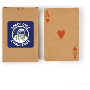 A deck of playing cards with a brown kraft box, featuring a heart Ace card and a logo on the box.