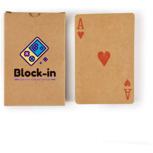 A pack of recycled playing cards in a brown box, featuring a red heart Ace card and a logo.