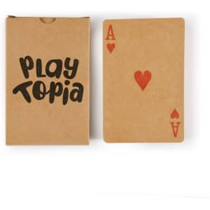 Recycled playing cards in a brown kraft box featuring a red heart Ace card. The box has a logo.