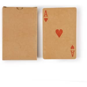 A deck of recycled playing cards in a brown cardboard box, featuring a red Ace of Hearts on top.
