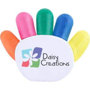A palm-shaped highlighter set featuring pink, green, blue, orange, and yellow caps, with a logo on the base.