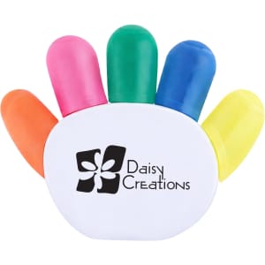 A highlighter set shaped like a hand, featuring pink, orange, green, blue, and yellow colours, with a logo on the front.