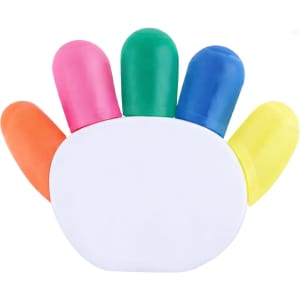 A multi-coloured highlighter set shaped like a hand, featuring pink, green, blue, orange, and yellow highlighter tips.