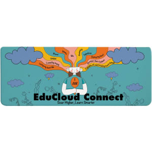 A colorful desk mat featuring illustrations of clouds and a character with vibrant rainbow streams, promoting "EduCloud Connect."