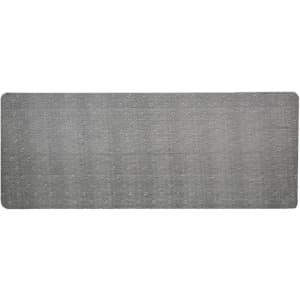 A desk mat in a rectangular shape with a textured gray surface, designed for office use.