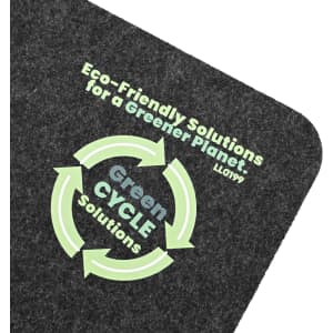 A gray desk mat featuring a circular green recycling symbol and the text "Eco-Friendly Solutions for a Greener Planet."