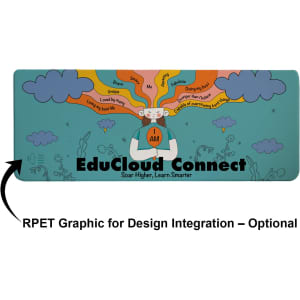 A colorful desk mat featuring clouds, a character with vibrant hair, and a logo. The background is predominantly blue.