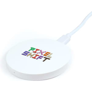 A round white wireless charger with a cable, featuring colorful text and a logo on the surface.