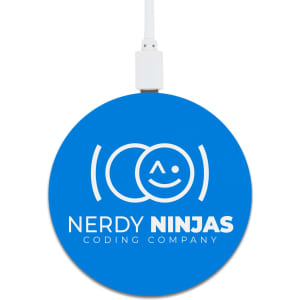 A round blue wireless charger featuring the logo of "Nerdy Ninjas Coding Company."