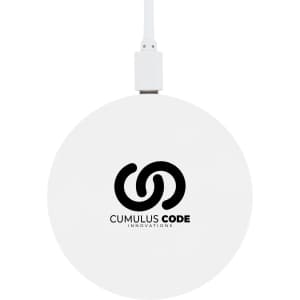 A round wireless charger featuring a white design and the logo of Cumulus Code Innovations.
