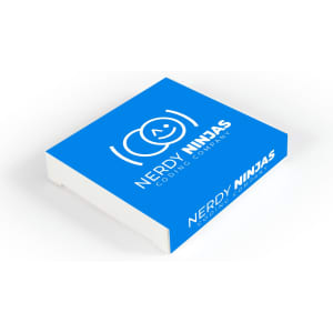 A blue box featuring a logo and branding for "Nerdy Ninjas Coding Company." The box has a white base.