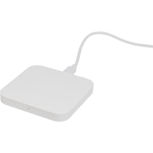 A sleek, square wireless charger in white with a connected cable.