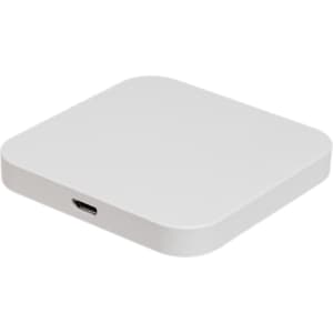 A wireless charger featuring a sleek, square design in white, with a single USB-C port on one side.