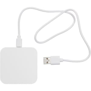 A wireless charger with a square design, featuring a white surface and a USB connection cable.
