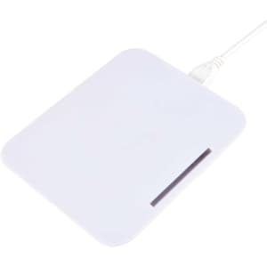 A wireless charger featuring a sleek, rectangular design in white, with a cable attached for power connection.