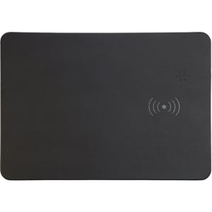 A black wireless charger and mouse pad with a logo, featuring a smooth surface and a simple design.