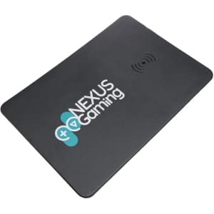 A black wireless charger and mouse pad featuring a logo design. It has a smooth surface and wireless charging capability.
