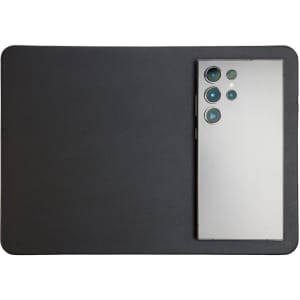 A wireless charger and mouse pad combination featuring a sleek black design, with a smartphone positioned on top.